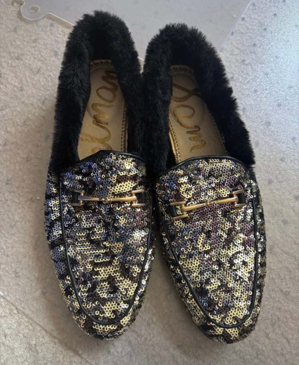 Sam Edelman Loraine Metallic Sequin with Fur Slip On Flat Loafers Size 9.5